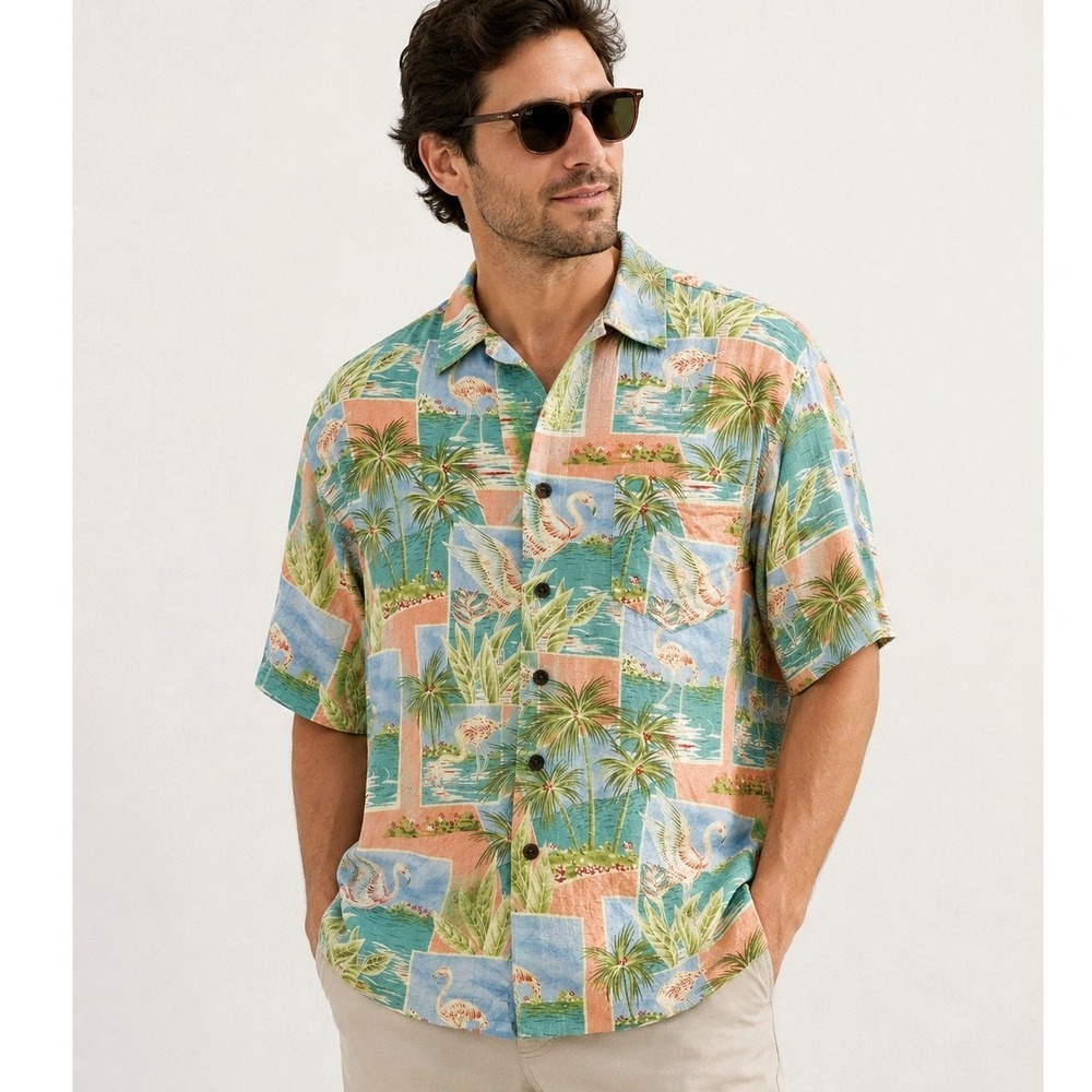 Bermuda Bay Silk Hawaiian Shirt Mens L Flamingo Palm Tree Tropical Resort Aloha